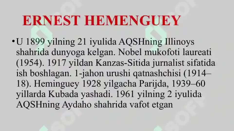 Ernest Heminguey Chol va dengiz asariga  prezintatsiya 2