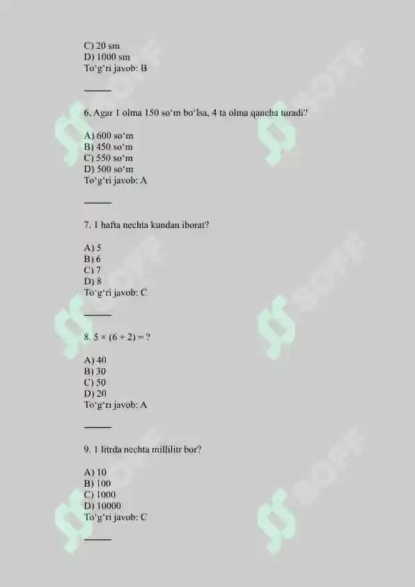 5-sinflar uchin qiziqarli matematika test 2
