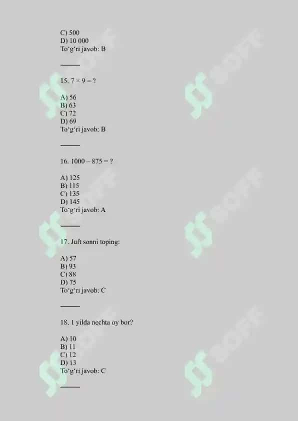 5-sinflar uchin qiziqarli matematika test 4