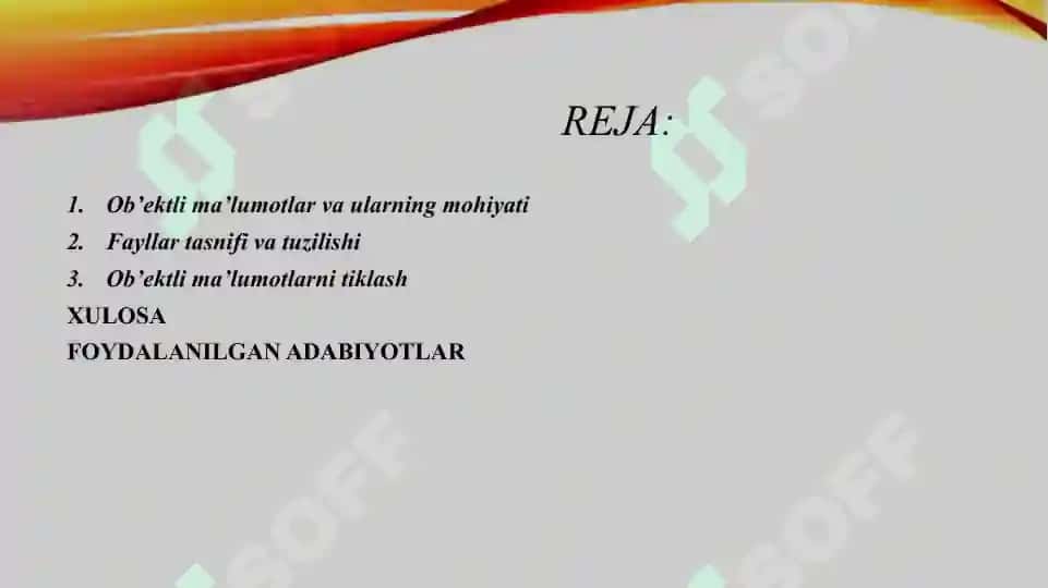 Ob’ektli ma’lumotlar va fayllar tasnifi loyihalash, qayta ishlash va tiklash. 2