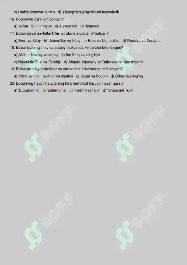Zahiriddin Muhammad Bobur haqida test savollari 2