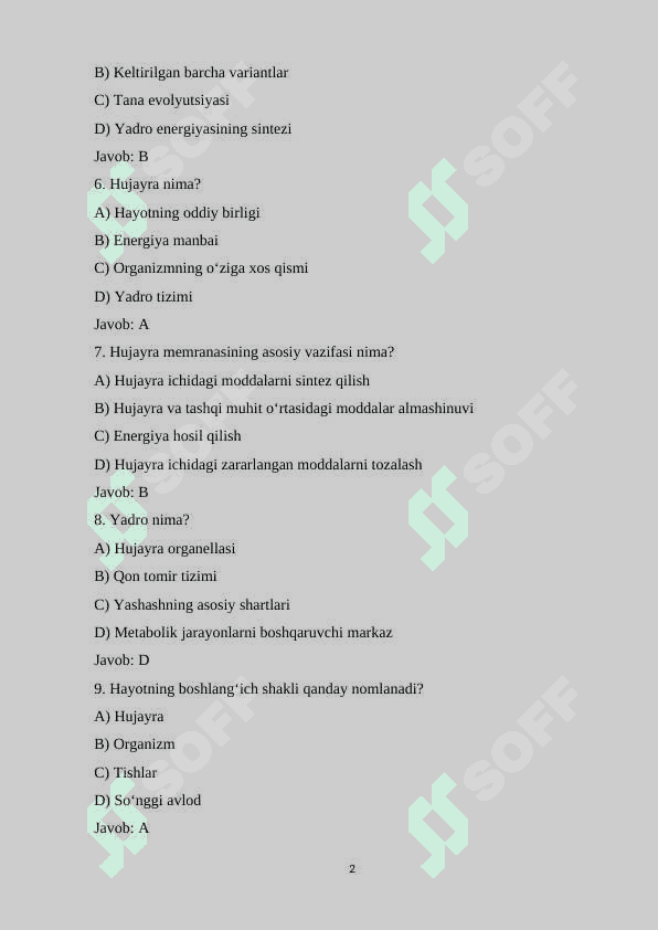 9-sinf Biologiya fanidan 140 ta variantli test savollari va javoblari bilan 2