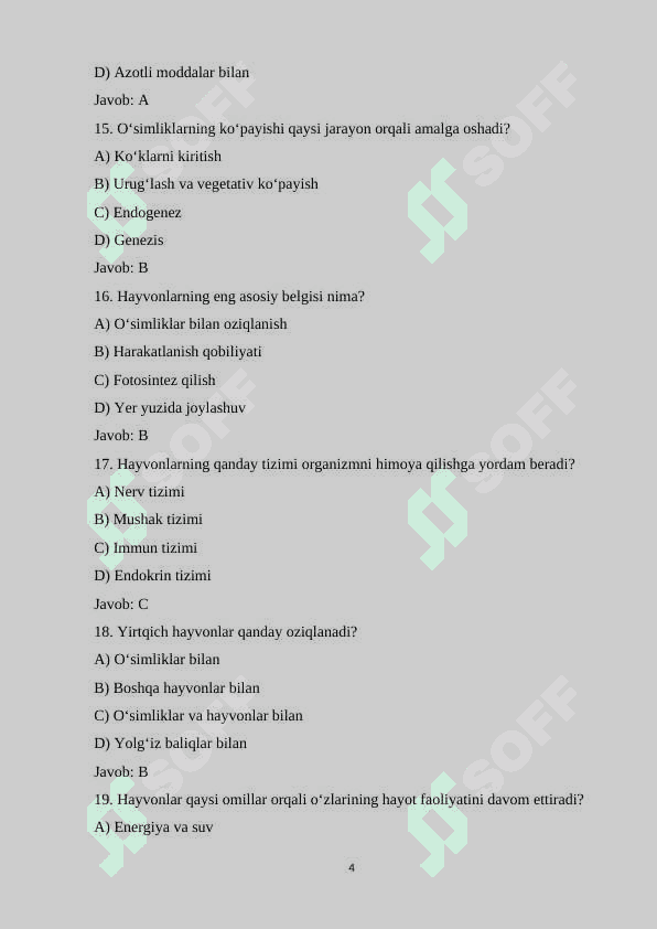 9-sinf Biologiya fanidan 140 ta variantli test savollari va javoblari bilan 4