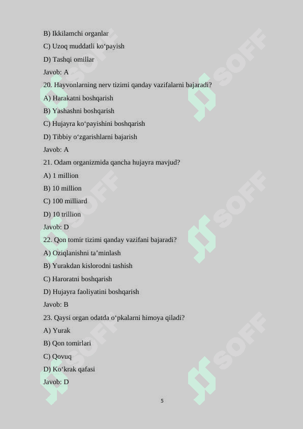 9-sinf Biologiya fanidan 140 ta variantli test savollari va javoblari bilan 5