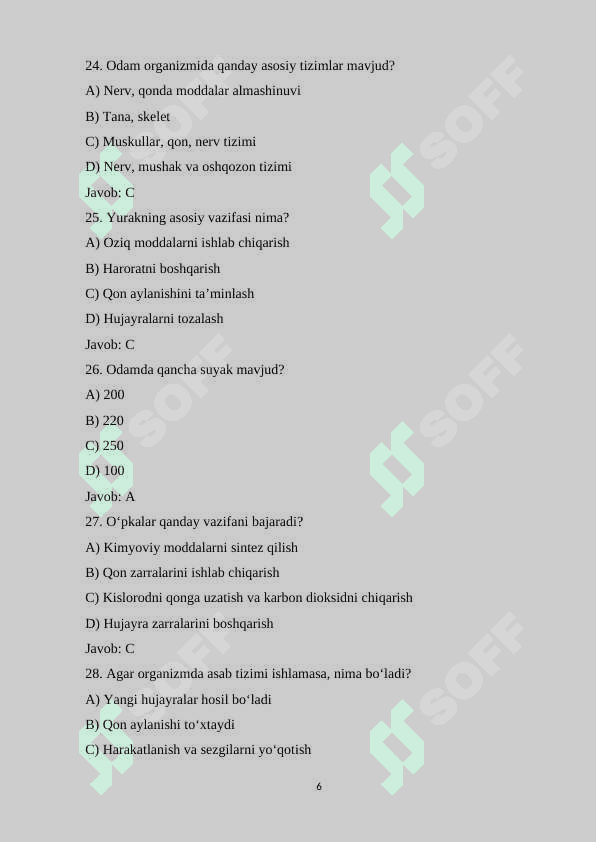9-sinf Biologiya fanidan 140 ta variantli test savollari va javoblari bilan 6