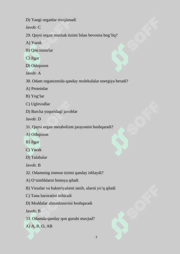 9-sinf Biologiya fanidan 140 ta variantli test savollari va javoblari bilan 7
