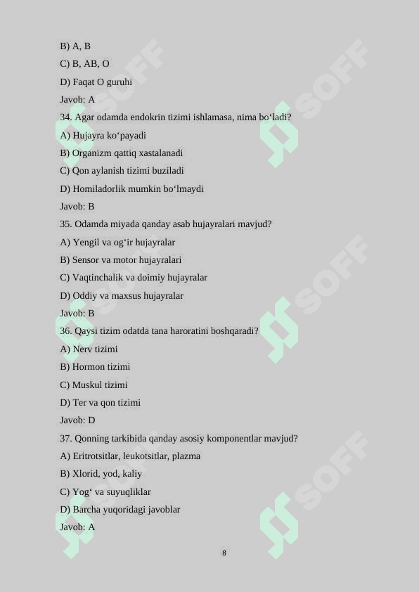 9-sinf Biologiya fanidan 140 ta variantli test savollari va javoblari bilan 8