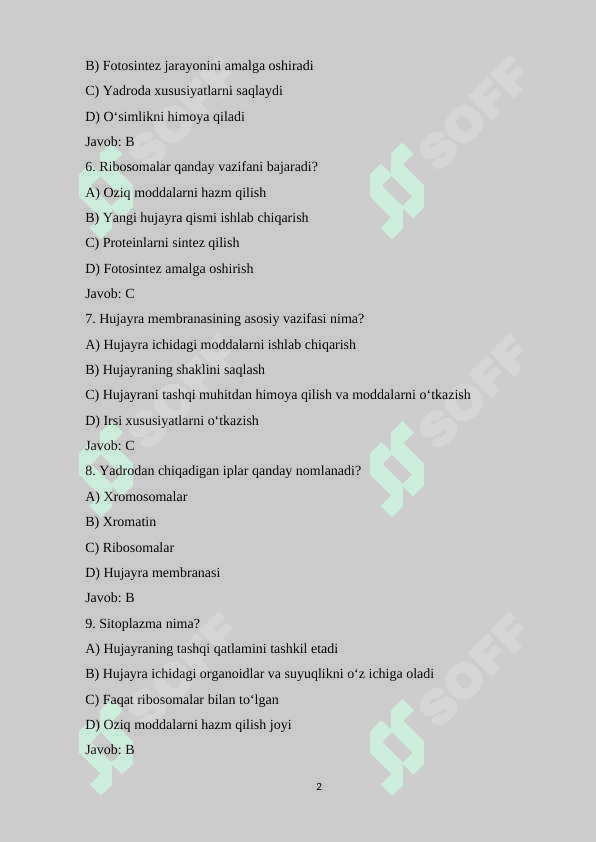 10-sinf Biologiya fanidan mavzulashtirilgan 120 ta variantli test savollarini va javoblari bilan birgalikda 2