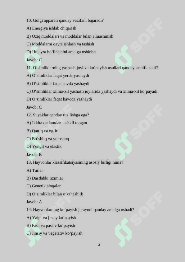 10-sinf Biologiya fanidan mavzulashtirilgan 120 ta variantli test savollarini va javoblari bilan birgalikda 3