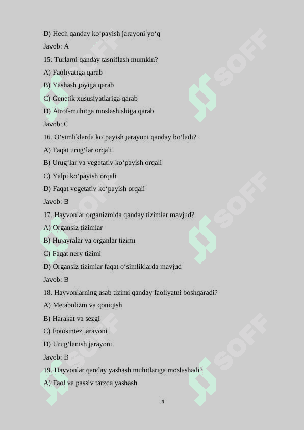 10-sinf Biologiya fanidan mavzulashtirilgan 120 ta variantli test savollarini va javoblari bilan birgalikda 4
