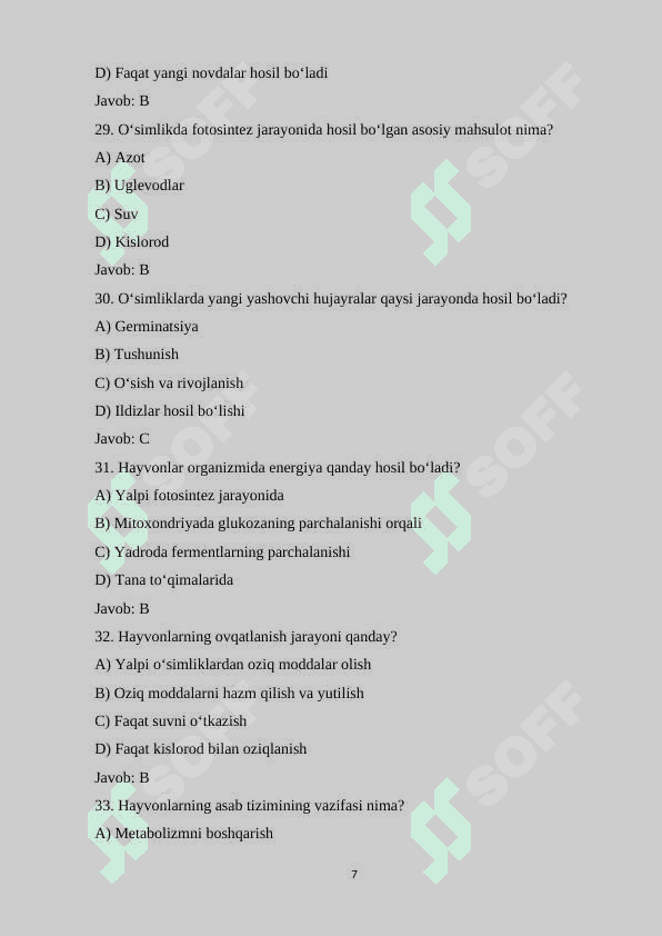 10-sinf Biologiya fanidan mavzulashtirilgan 120 ta variantli test savollarini va javoblari bilan birgalikda 7