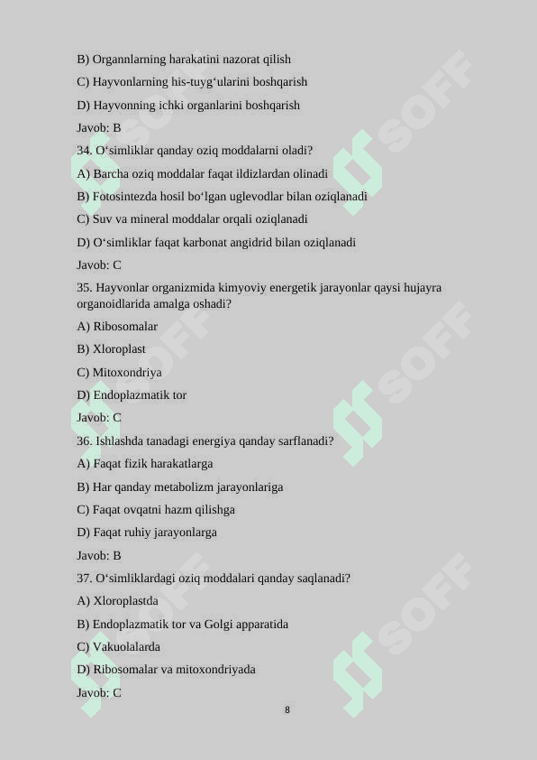10-sinf Biologiya fanidan mavzulashtirilgan 120 ta variantli test savollarini va javoblari bilan birgalikda 8