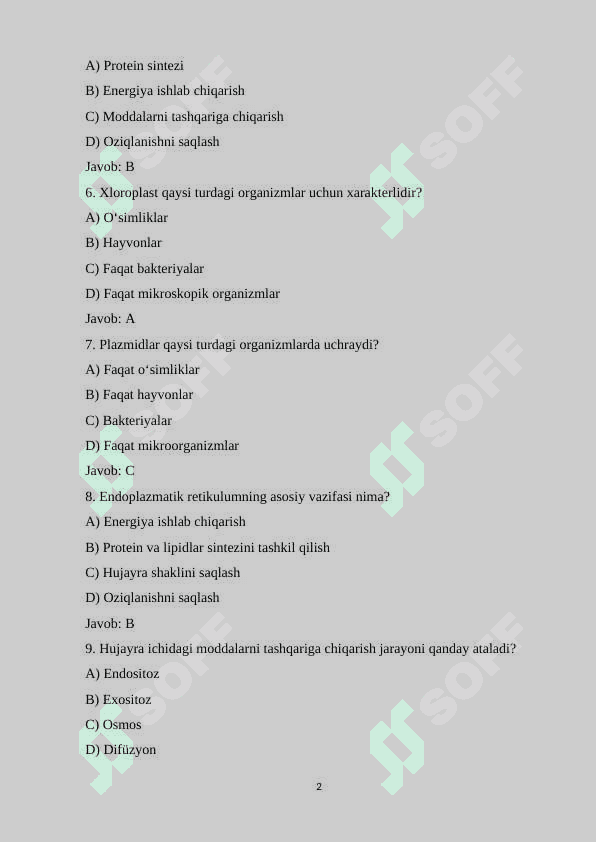 11-sinf Biologiya fanidan 160 ta mavzulashtirilgan test savollari va javoblari bilan birgalikda 2
