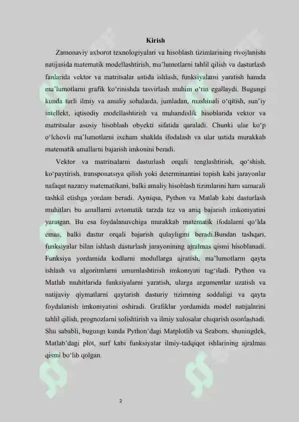Vektor va matritsalarni teng qilish va ular ustida amallar bajarish. Funksiyalar bilan ishlash. Ma’lumotlarni grafik tasvirlash 2