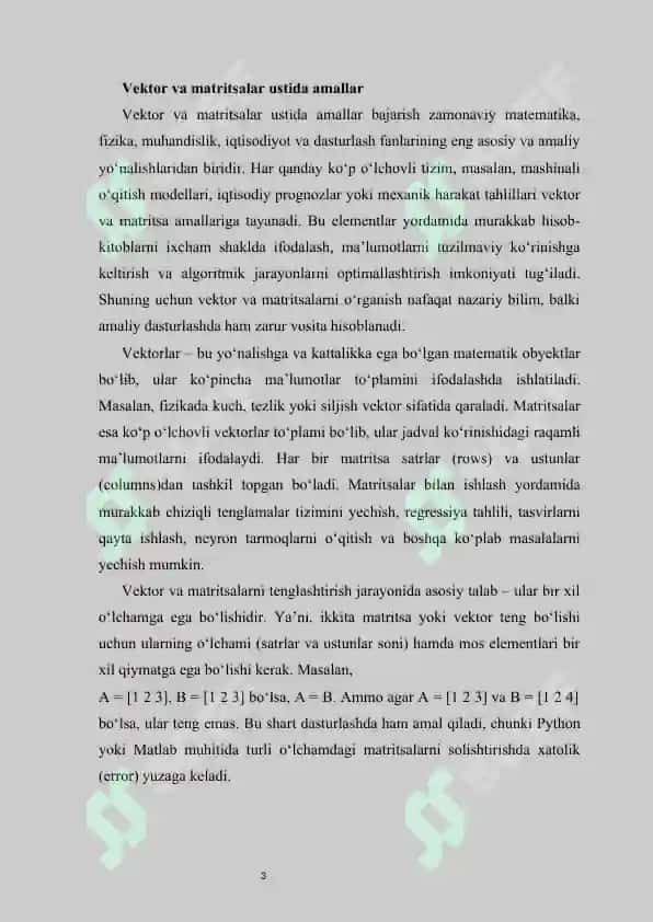 Vektor va matritsalarni teng qilish va ular ustida amallar bajarish. Funksiyalar bilan ishlash. Ma’lumotlarni grafik tasvirlash 3
