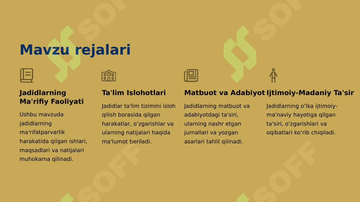 Jadid ma'rifatparvarlarining oʻlka ijtimoiy-ma'naviy hayotida tutgan o'rni ( Munavvar Qori, Fitrat, Behbudiy, Avloniy va boshqalar ) 2