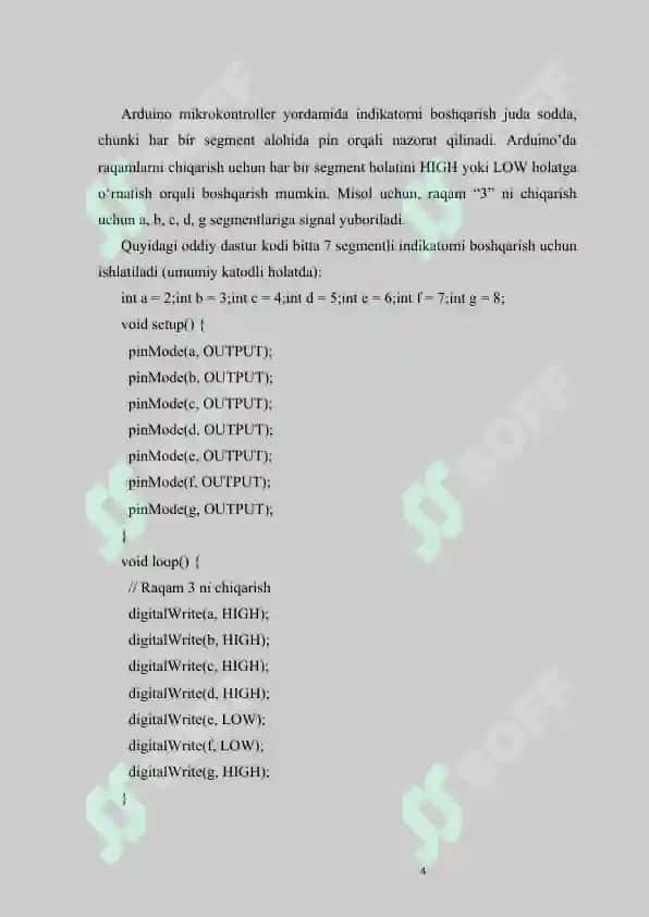 :Bir razryadli 7 segmentli indikator. Arduino MK orqali raqamlarni indikatorga chiqarish. 7 ta segmentli indikatorlardan tashkil topgan 4 razryadli matrisa. Dinamik aks ettirishni amalga oshirish (arduino da). 74NS595 suruvchi registr mikrosxemasi. 4 razryadli matrisani boshqarish. 4