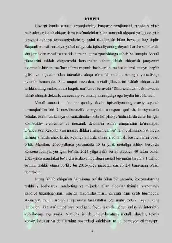 Metall jihozlarini ishlab chiqaruvchi tashkilotning mahsulotlari haqida ma'lumot beruvchi Sfmmetall.uz veb ilovasini ishlab chiqish 2
