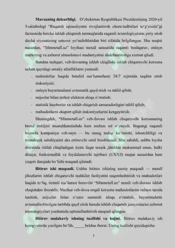 Metall jihozlarini ishlab chiqaruvchi tashkilotning mahsulotlari haqida ma'lumot beruvchi Sfmmetall.uz veb ilovasini ishlab chiqish 4