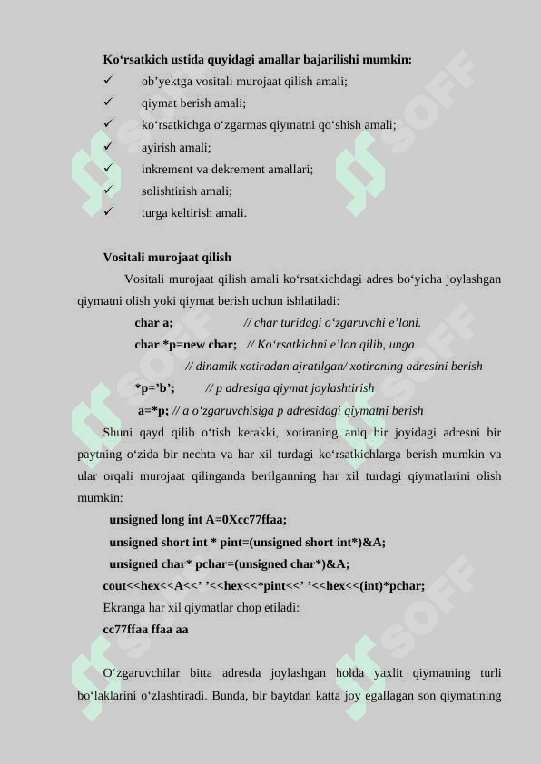 KO’RSATKICHLAR VA DINAMIK XOTIRA BILAN ISHLASH. DINAMIK MASSIV 8