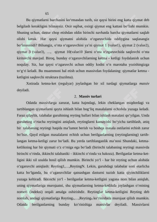 MASSIVLAR. BIR O’LCHOVLI VA KO’P O’LCHOVLI MASSIVLAR. MASSIV ELEMENTLARINI SARALASH USULLARI 2