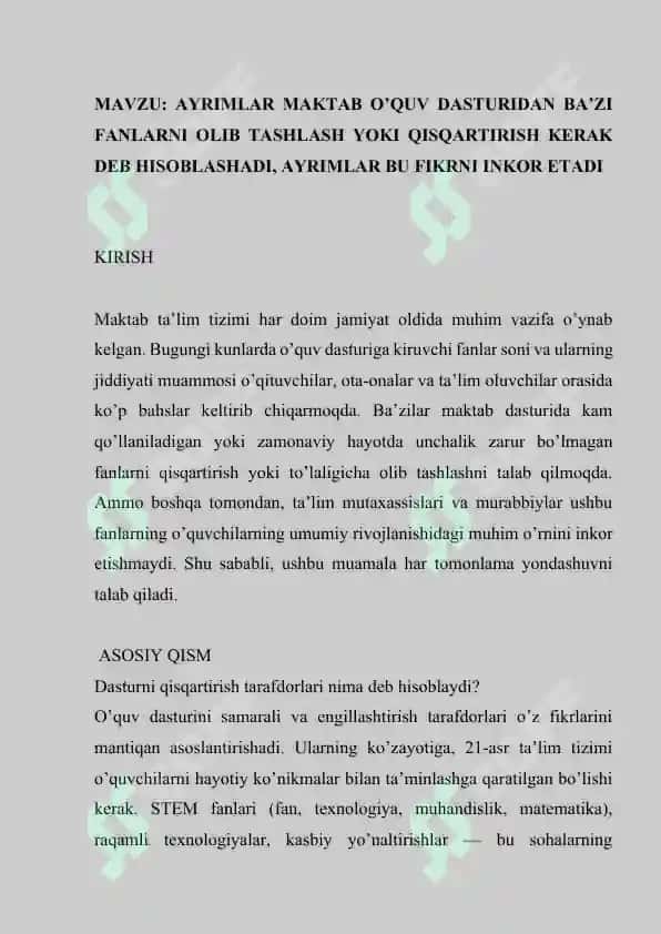 AYRIMLAR MAKTAB O’QUV DASTURIDAN BA’ZI FANLARNI OLIB TASHLASH YOKI QISQARTIRISH KERAK DEB HISOBLASHADI 2