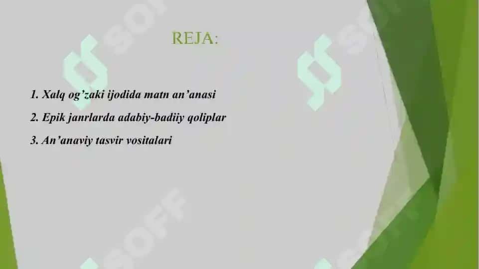 XALQ OG'ZAKI IJODIDA MATN AN'ANASI. EPIK JANRLARDA ADABIY BADIIY QOLIPLAR VA AN'ANAVIY TASVIR VOSITALARI 2