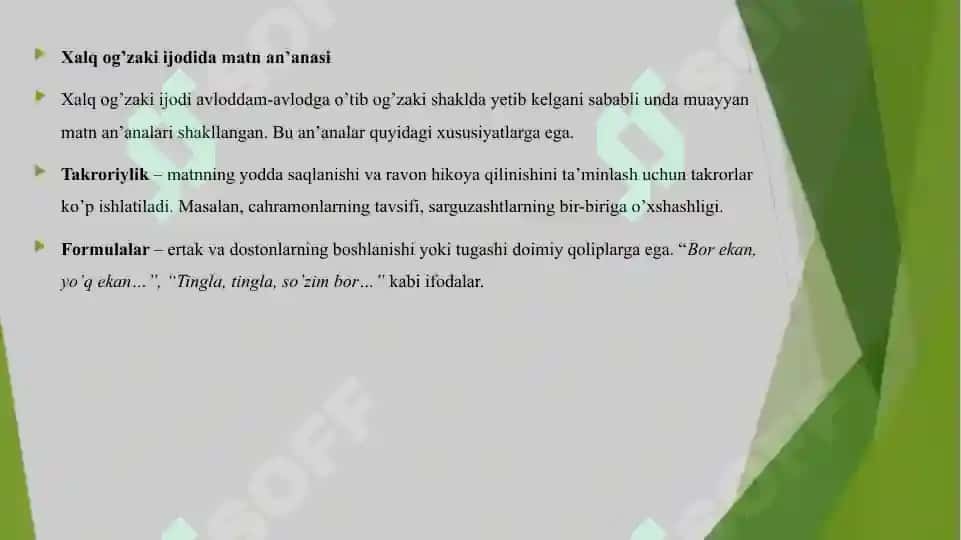 XALQ OG'ZAKI IJODIDA MATN AN'ANASI. EPIK JANRLARDA ADABIY BADIIY QOLIPLAR VA AN'ANAVIY TASVIR VOSITALARI 3