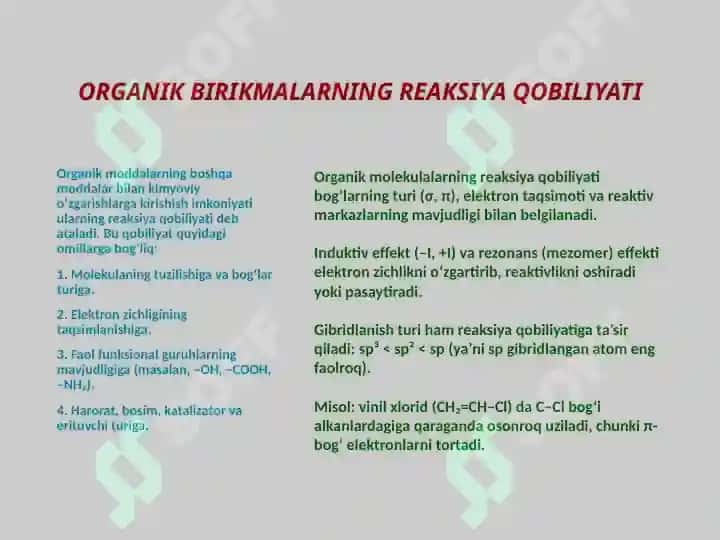 ORGANIK BIRIKMALARNING REAKSIYA QOBILIYATI. ORGANIK MOLEKULALARNING 2