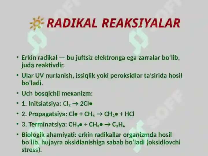 ORGANIK BIRIKMALARNING REAKSIYA QOBILIYATI. ORGANIK MOLEKULALARNING 5
