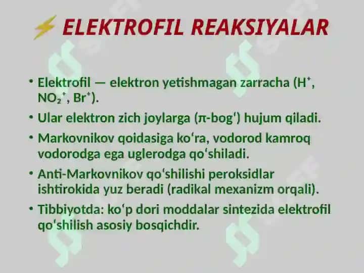 ORGANIK BIRIKMALARNING REAKSIYA QOBILIYATI. ORGANIK MOLEKULALARNING 7