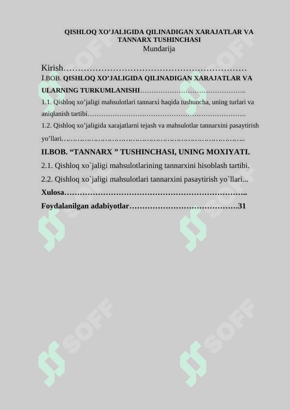 QISHLOQ XO’JALIGIDA QILINADIGAN XARAJATLAR VA TANNARX TUSHINCHASI 2