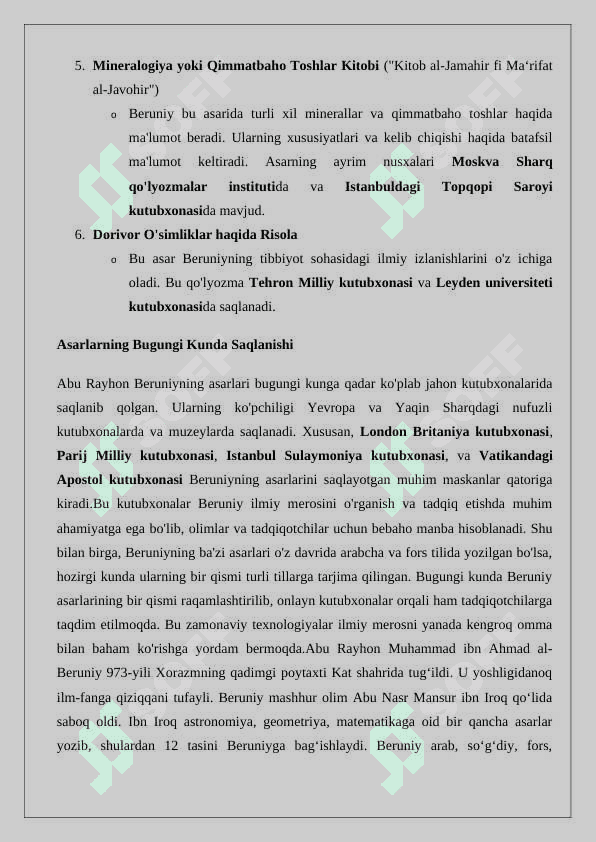 Abu Rayhon Beruniy (973-1048) asarlarining roʻyxatini tuzish hamda ularning bugungi kunda saqlangan makonlari togʻrisida koʻrsatkich tayyorlash 2