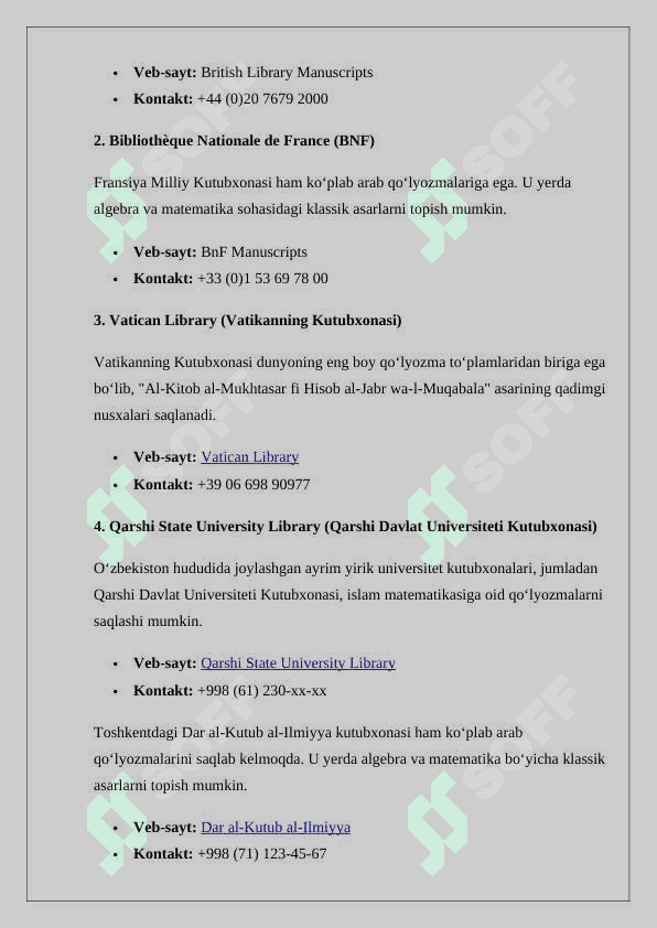 Muhammad ibn Muso al-Xorazmiy (783-850) asarlarining roʻyxatini tuzish hamda ularning bugungi kunda saqlangan makonlari togʻrisida koʻrsatkich tayyorlash 2