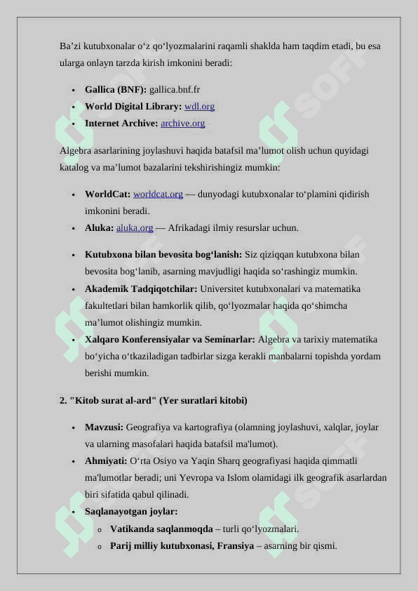Muhammad ibn Muso al-Xorazmiy (783-850) asarlarining roʻyxatini tuzish hamda ularning bugungi kunda saqlangan makonlari togʻrisida koʻrsatkich tayyorlash 3