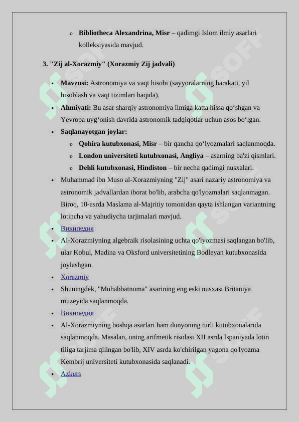 Muhammad ibn Muso al-Xorazmiy (783-850) asarlarining roʻyxatini tuzish hamda ularning bugungi kunda saqlangan makonlari togʻrisida koʻrsatkich tayyorlash 4