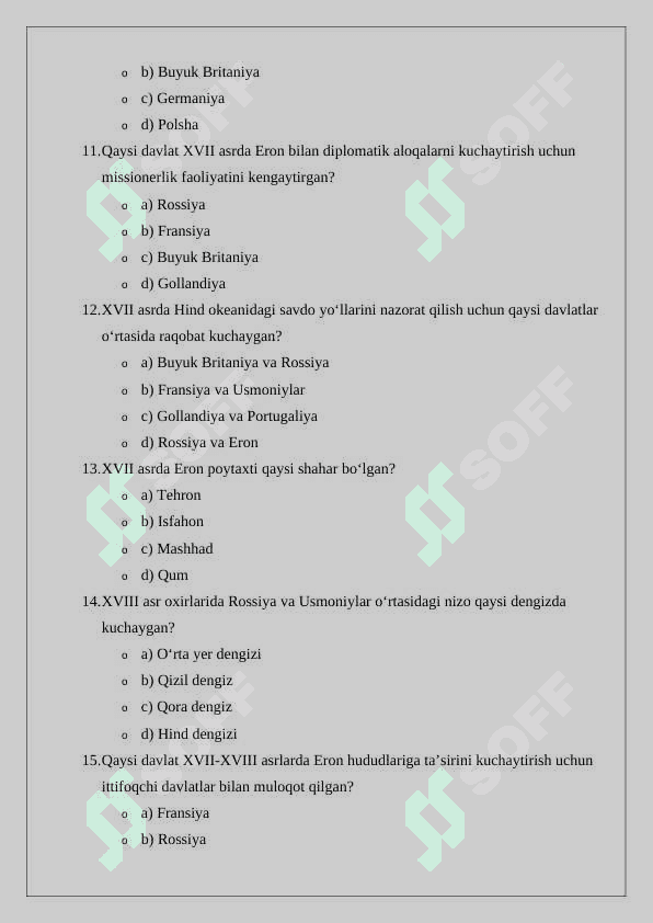 XVII – XVIII asrda Yaqin Sharqda xalqaro munosabatlar va diplomatiya mavzusiga oid test  Variant II 24 3