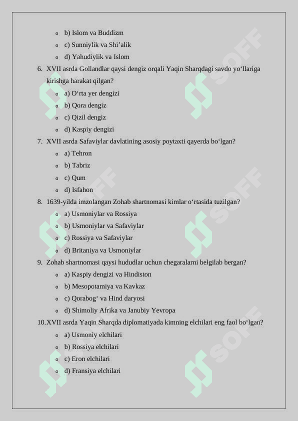 XVII – XVIII asrda Yaqin Sharqda xalqaro munosabatlar va diplomatiya mavzusiga oid test  24 2