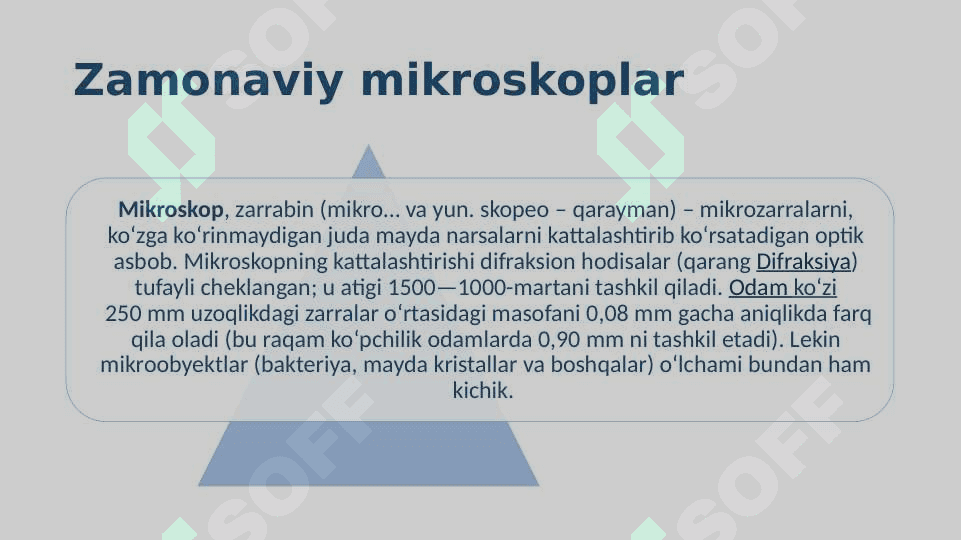 Zamonaviy mikroskoplar. Yorugʻ va qorongʻi maydonli, fazokantrast, Lyuminissent ,va elektron mikroskoplar 2