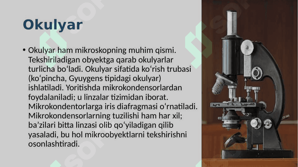 Zamonaviy mikroskoplar. Yorugʻ va qorongʻi maydonli, fazokantrast, Lyuminissent ,va elektron mikroskoplar 4