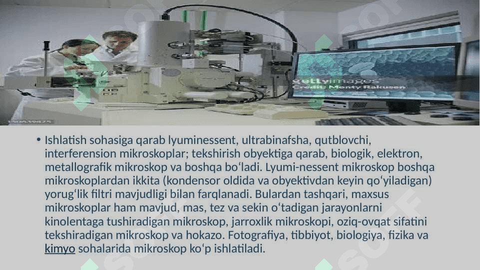 Zamonaviy mikroskoplar. Yorugʻ va qorongʻi maydonli, fazokantrast, Lyuminissent ,va elektron mikroskoplar 6