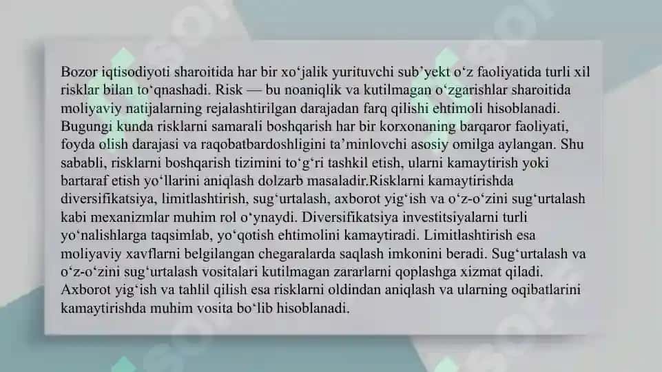 Risklarni boshqarishda diversifikatsiya, limitlashtirish, sug‘urtalash, axborot yig‘ish va o‘z-o‘zini sug‘urtalashning ahamiyati 3