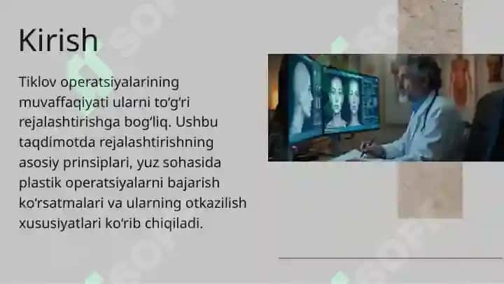 Tiklov operatsiyalarini rejalashtirish: rejalashtirishning asosiy prinsiplari, yuz sohasidagi plastik operatsiyalarga ko'rsatmalar va ulari o'tkazishdagi xususiyatlari. 2
