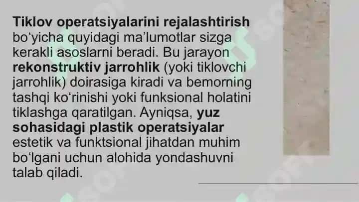 Tiklov operatsiyalarini rejalashtirish: rejalashtirishning asosiy prinsiplari, yuz sohasidagi plastik operatsiyalarga ko'rsatmalar va ulari o'tkazishdagi xususiyatlari. 3