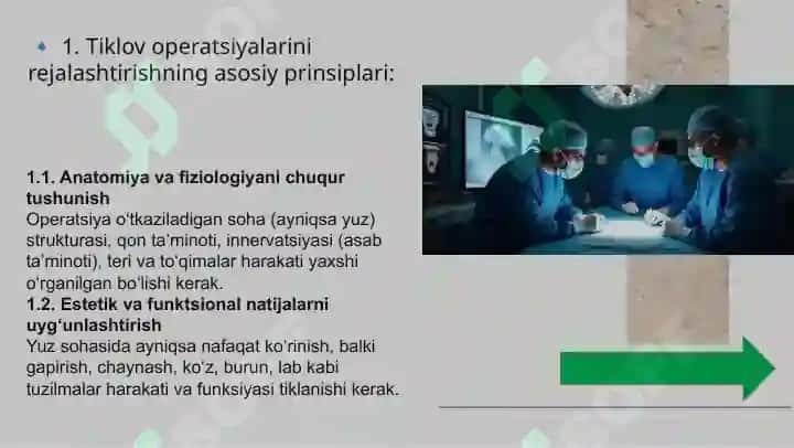 Tiklov operatsiyalarini rejalashtirish: rejalashtirishning asosiy prinsiplari, yuz sohasidagi plastik operatsiyalarga ko'rsatmalar va ulari o'tkazishdagi xususiyatlari. 4