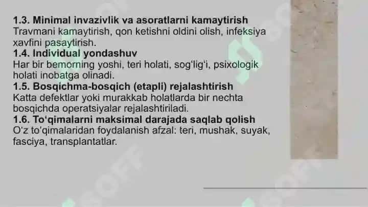 Tiklov operatsiyalarini rejalashtirish: rejalashtirishning asosiy prinsiplari, yuz sohasidagi plastik operatsiyalarga ko'rsatmalar va ulari o'tkazishdagi xususiyatlari. 5