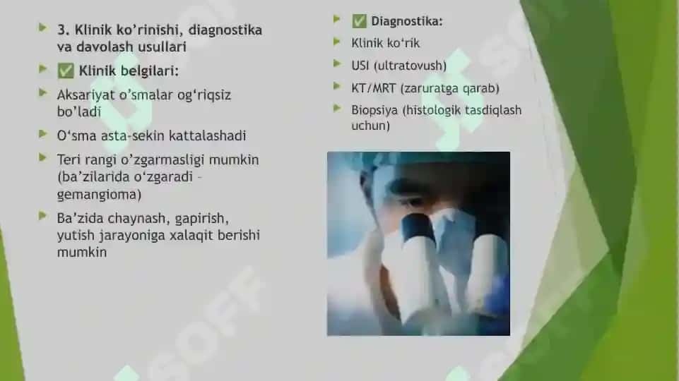 Yuz-jag’ sohasi yumshoq to’qimalari xavfsiz o’smalari va o’smasimon hosilalari(fibroma,fibramatoz,epilus,lipoma,gemangioma,limfangioma) 8