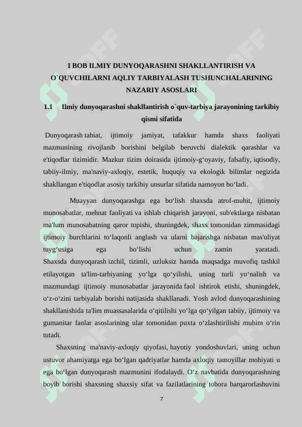 ILMIY DUNYOQARASHNI SHAKLLANTIRISH VA O`QUVCHILARNI AQLIY TARBIYALASH TUSHUNCHALARINING NAZARIY ASOSLARI 7