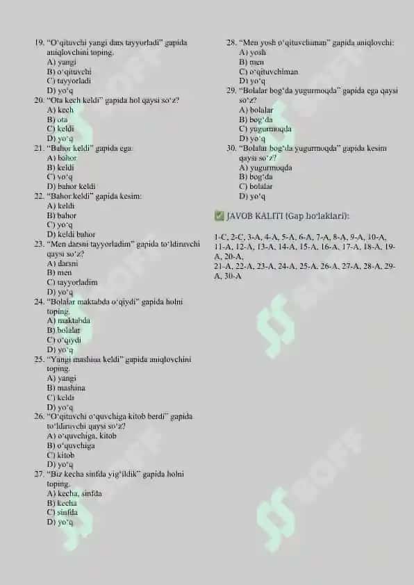 GAP BO‘LAKLARI (30 ta test) 2