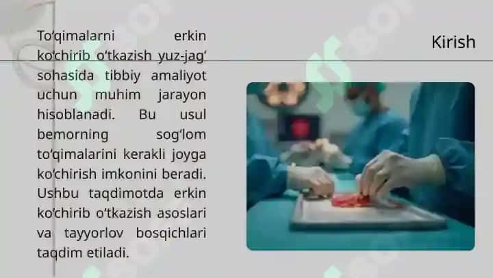 To‘qimalarni erkin ko‘chirib o‘tkazish: yuz-jag‘ sohasiga to‘qimalarni erkin ko‘chirib o‘tkazishga ko‘rsatmalar va ularni o‘tkazish prinsiplari 2